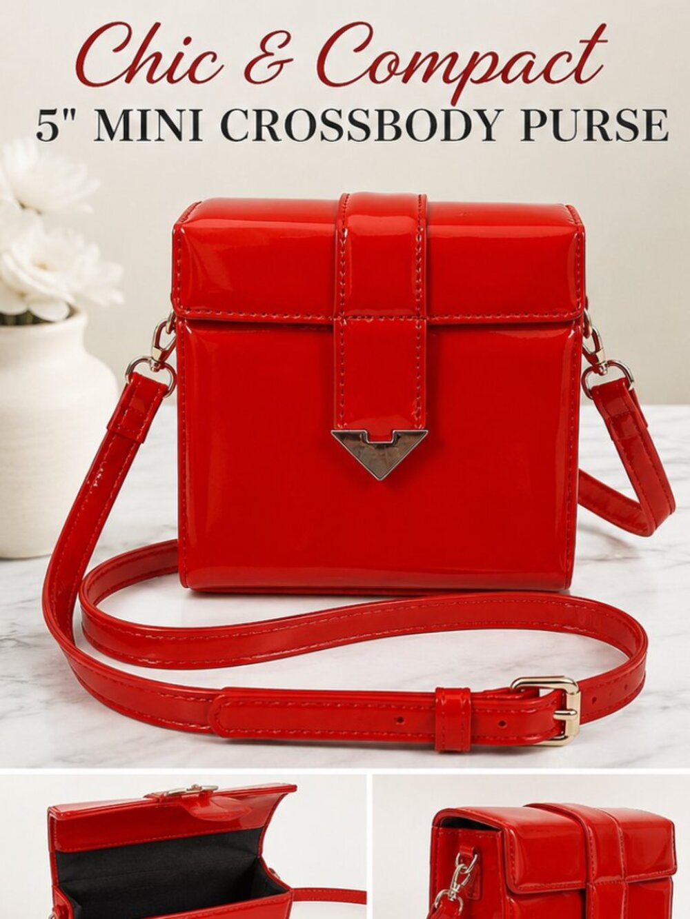 Red Patent Leather Mini Crossbody Purse – 5"  Box Bag with Adjustable Strap